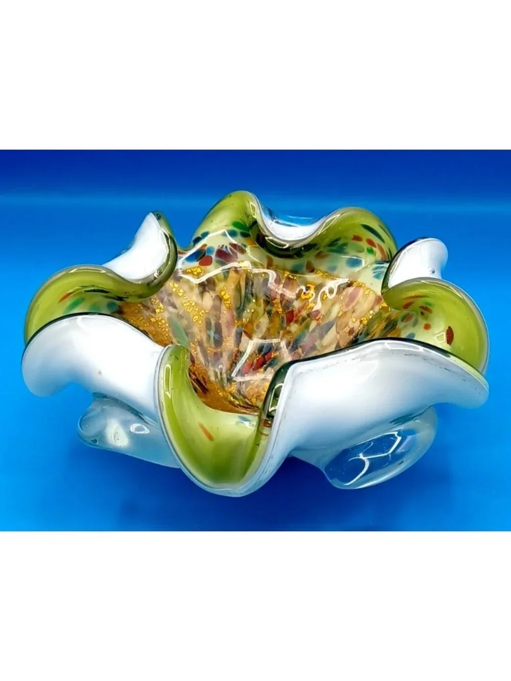 Vintage Murano Art Glass Bowl AVEM Tutti Frutti Zanfirico Aventurine Cased  1950